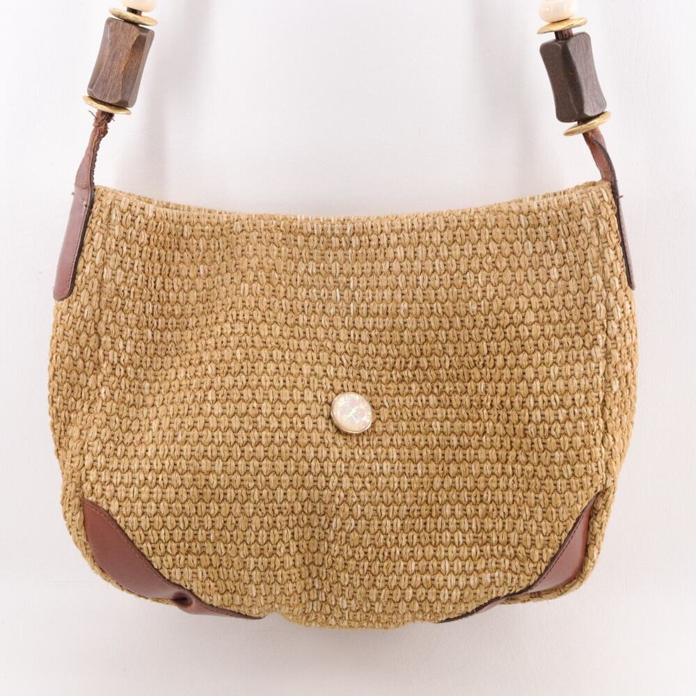 Vtg Dillards Jute Leather Trim Shoulder Handbag Women Tan Brown Lined Bag